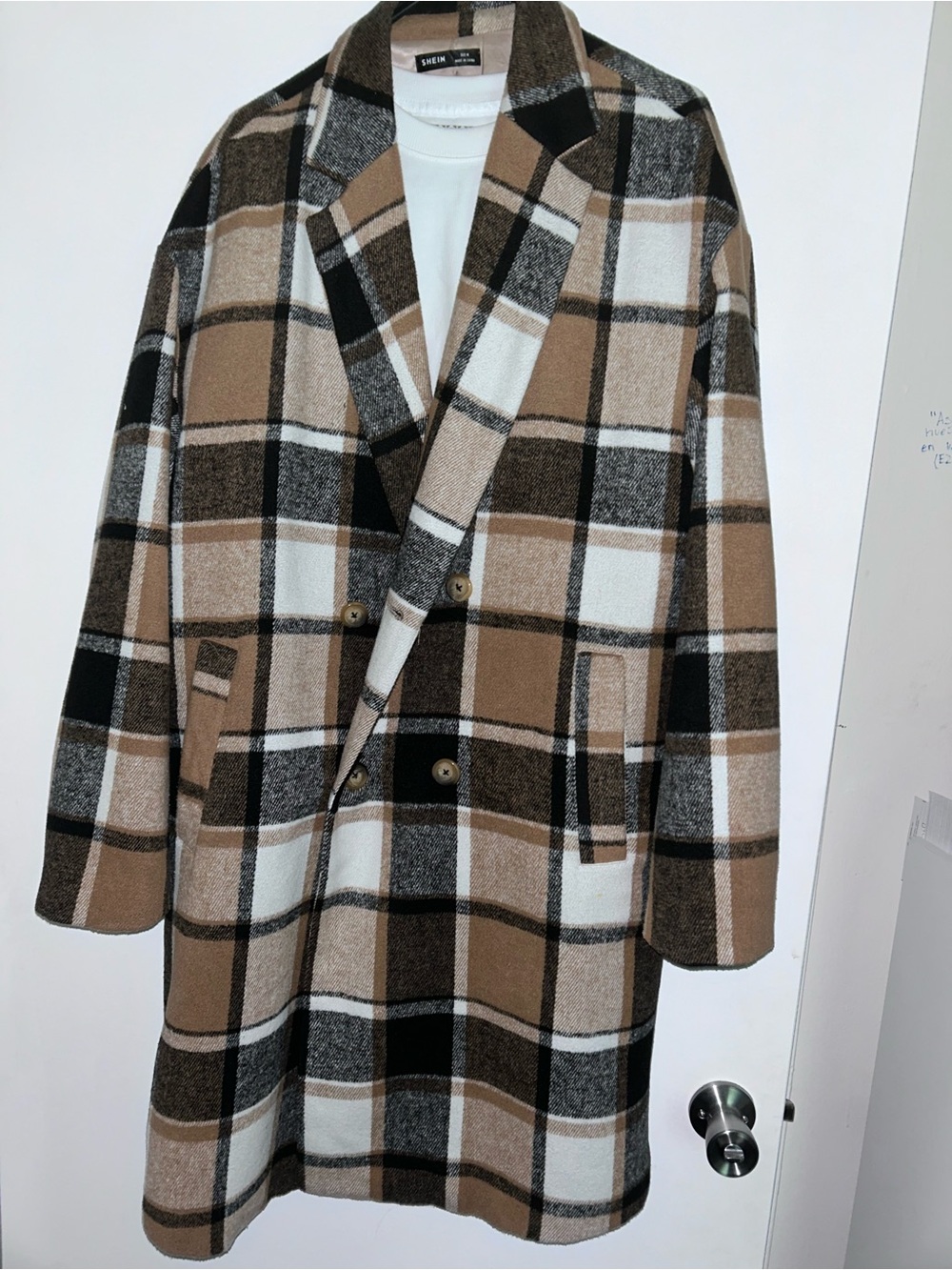 Men's Brown & Black Plaid Longline Pea Coat